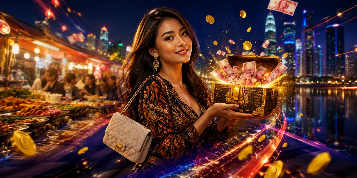 Suasana pasar malam dengan layar promosi cashback dan bonus