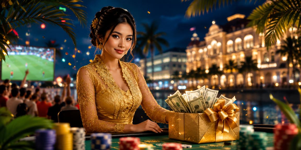 Model Vietnam berpose di depan meja kasino yang ramai dan bercahaya