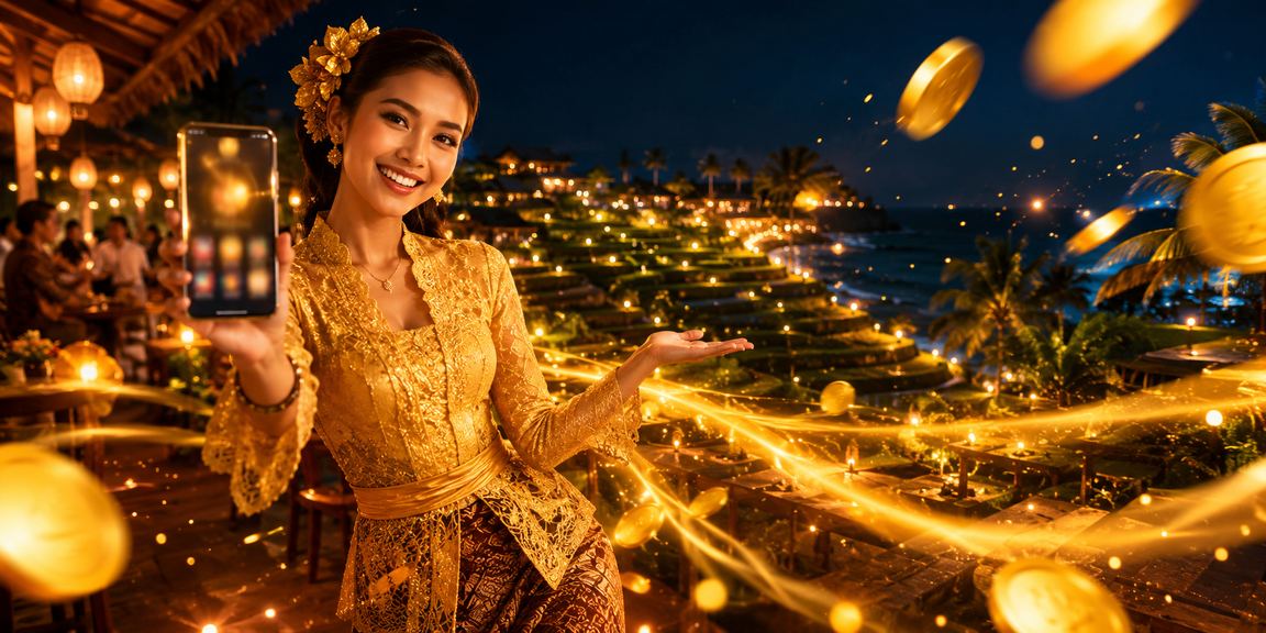Pengguna bermain casino mobile di pasar malam yang ramai dan berwarna-warni